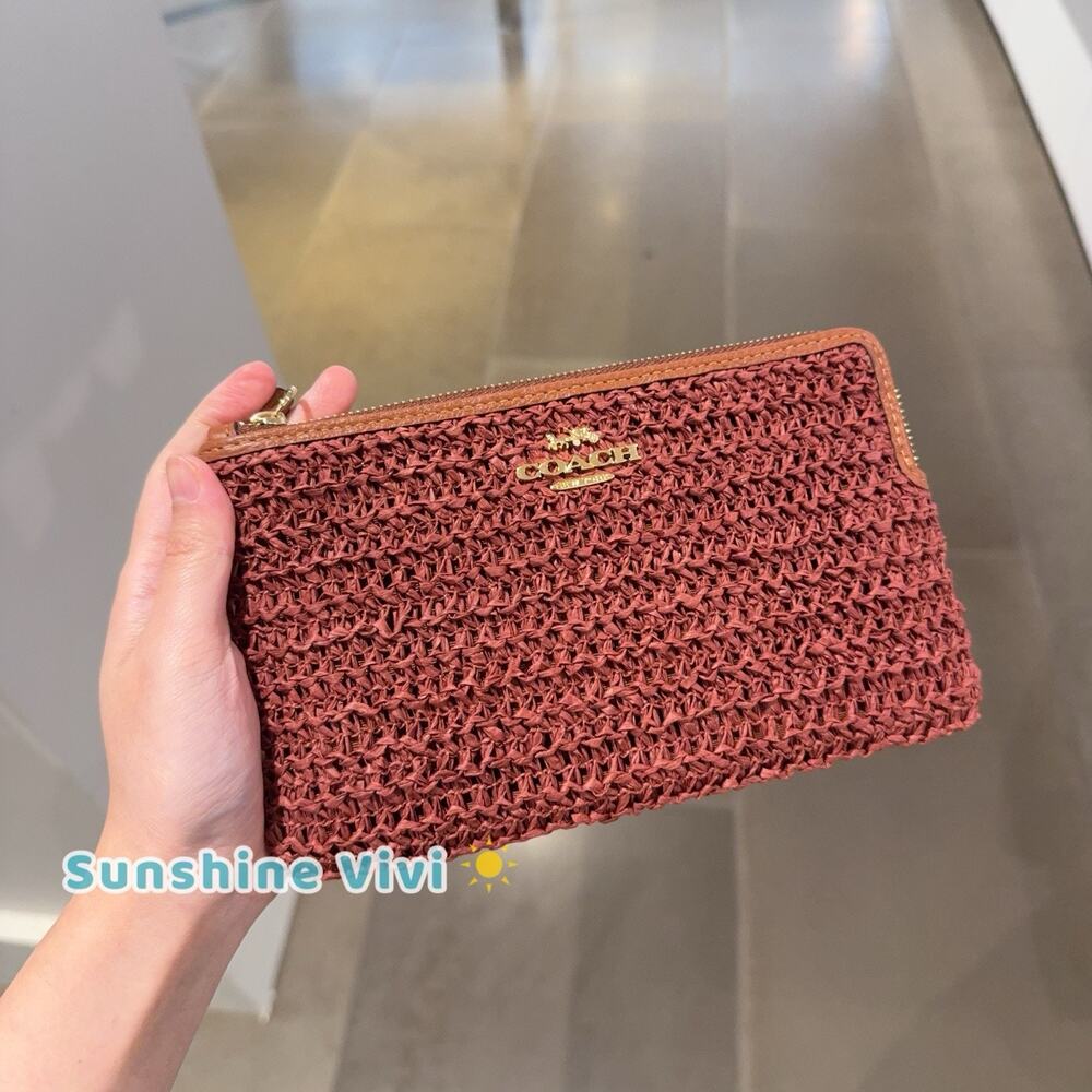 NWT Coach Large Corner Zip Wristlet Straw pebble Leather CEY41 Gold/Russet
